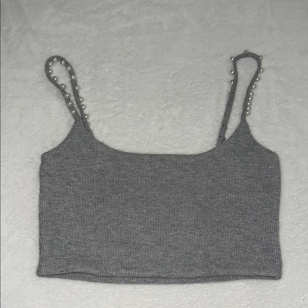 ZARA grey strappy cropped tank top with pearl detailing size S